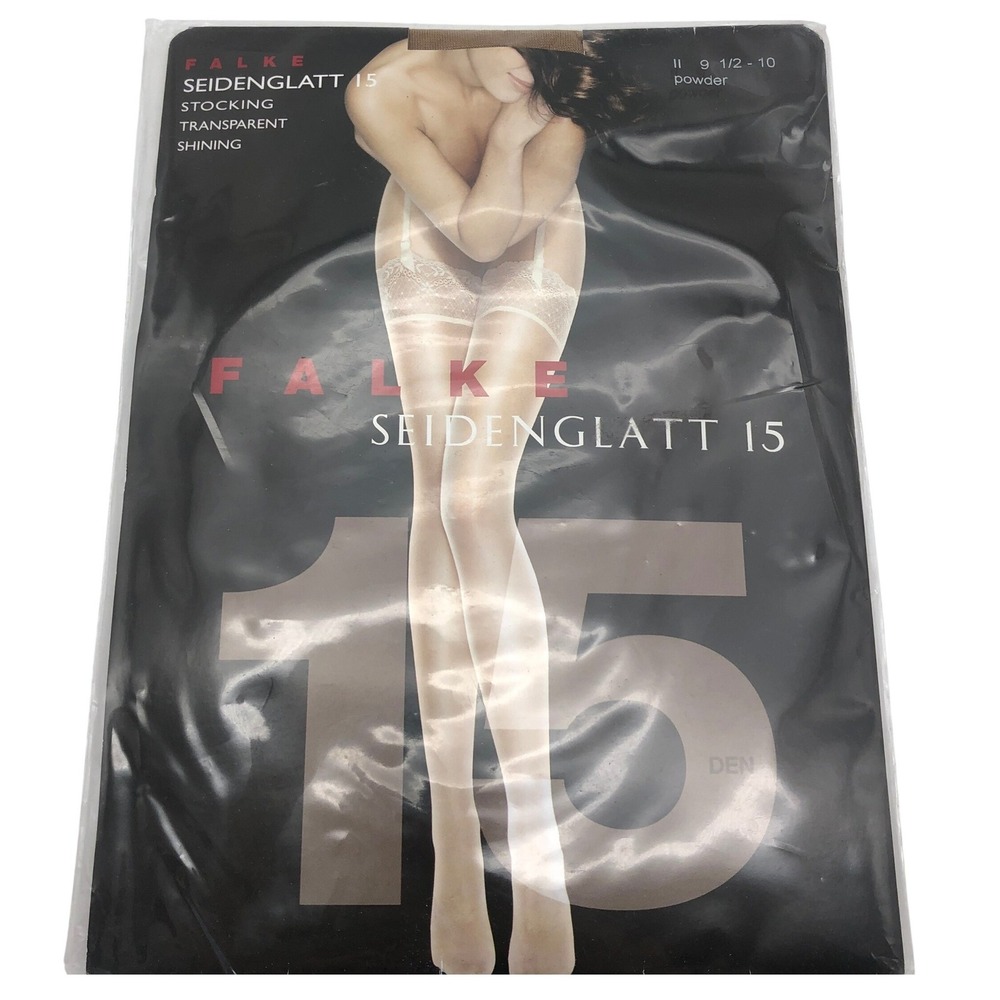 NIP FALKE Seidenglatt 15 Stockings Powder Sheer Shiny Garter Lace Size II 9.5-10